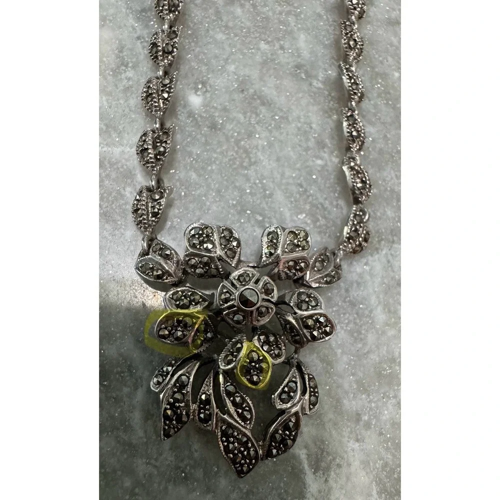 Vintage .925 Sterling Silver Marcasite Flower Pendant Choker 17" Necklace NF - Picture 10 of 10